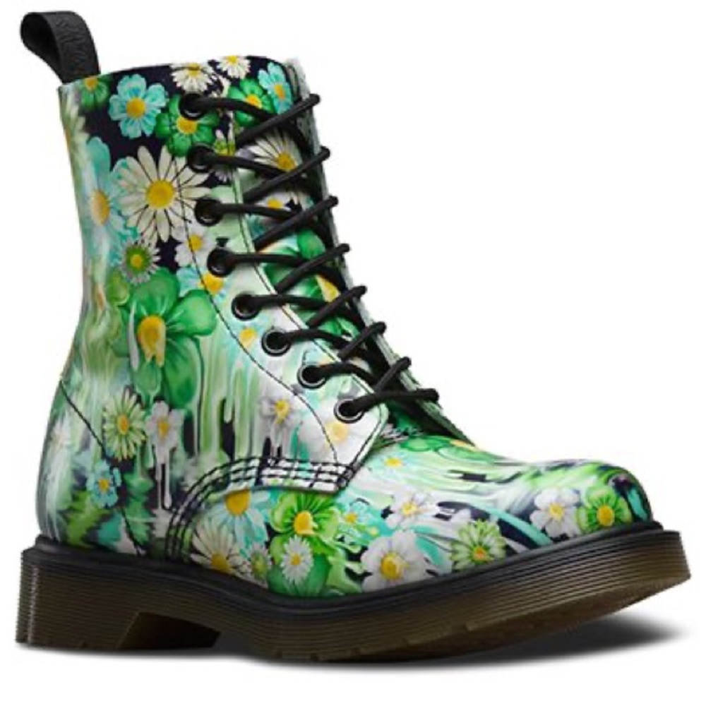 Dr. Martens NWOT Green and White Combat Boots with Artistic Print